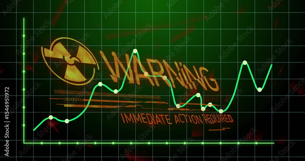 Poster control panel showing warning text and graph, with radiation symbol and immediate action required