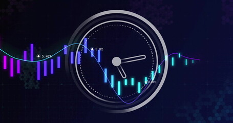 Displaying circular analog clock overlaying dashboard, with bar charts, line charts and data labels © vectorfusionart
