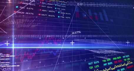 Streaming financial data on holographic display, with grid, binary, percentages, tickers and charts