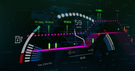 Displaying digital cockpit HUD showing speed gauge, magenta line, candlestick bars, battery icon