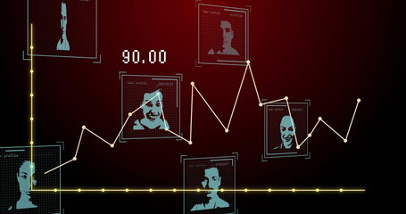 Plotting white polyline graph over analytics dashboard, with teal-blue profiles, yellow axes, 90