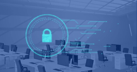 Displaying holographic padlock icon projecting data in open office, with white desks, black chairs
