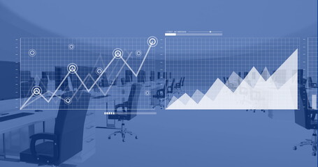 Displaying two digital charts floating over modern office, with desks, monitors and swivel chairs
