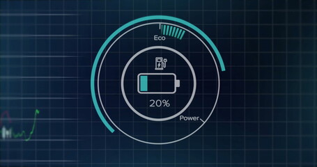 Obraz premium Displaying circular battery gauge showing 20% charge and plug icon on dashboard, with Eco Power
