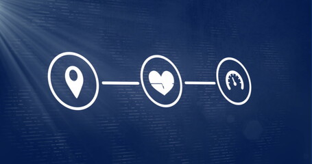 Three white icons lining up on dark blue backdrop, with location pin, heart rate, speedometer