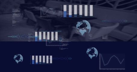 Floating overlay in conference room showing furniture and charts with globe icons and code snippets