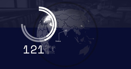 Displaying globe pulsing rings with node markers on control room display, with numeric readout 121