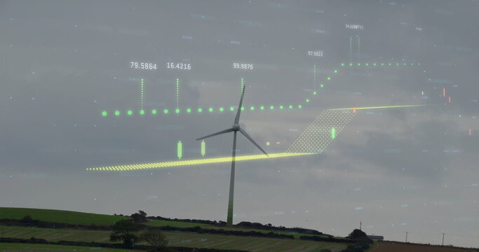 Rotating wind turbine rising above farmland with hedgerows, with floating data points, candlesticks