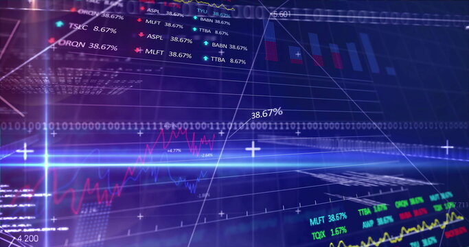 Streaming financial data on holographic display, with grid, binary, percentages, tickers and charts - Powered by Adobe