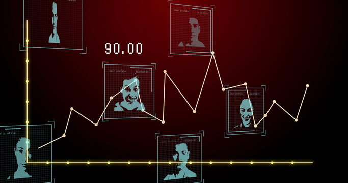 Plotting white polyline graph over analytics dashboard, with teal-blue profiles, yellow axes, 90