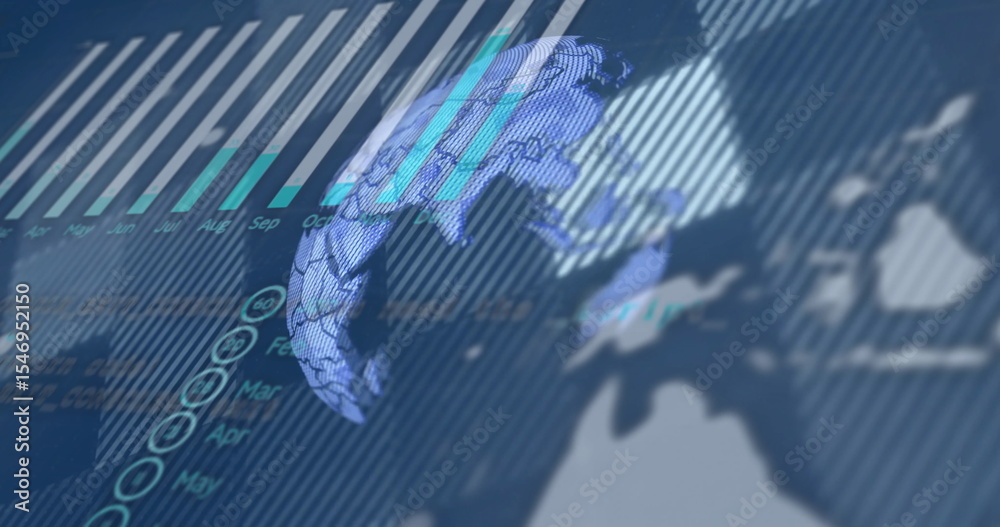 Poster showing rotating 3d digital globe over analytics dashboard, with grid lines and bar chart apr–sep