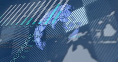 Showing rotating 3D digital globe over analytics dashboard, with grid lines and bar chart Apr–Sep © vectorfusionart