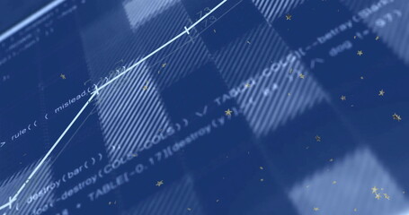 Fototapeta premium Displaying light-blue line graph rising on digital dashboard, with code text and golden stars