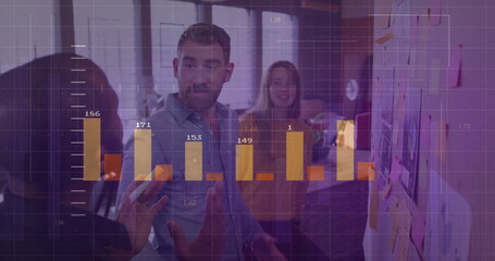 Collaborating three professionals brainstorming in modern office, sticky note wall and data overlay