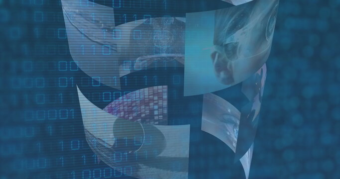 Floating panels showing globe, eye, child face, AR glasses in virtual space, with binary overlay