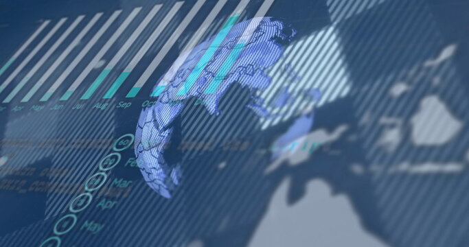 Showing rotating 3D digital globe over analytics dashboard, with grid lines and bar chart Apr–Sep