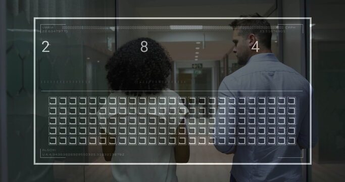 Walking employees opening glass door, entering office corridor with glass walls and HUD overlay - Powered by Adobe