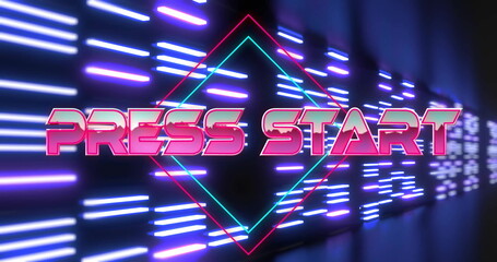 Shining neon PRESS START text in arcade scene, with diamond outline and horizontal neon light bars