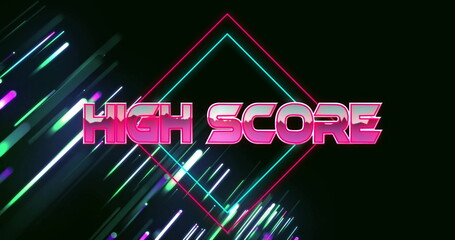 Displaying HIGH SCORE text glowing on dark canvas, with neon diamond outlines and light streaks