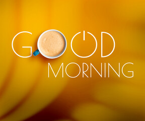 Morning good only with coffee. Inscription with cup of hot drink and power symbol instead of...