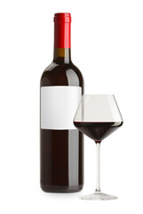 Luxurious red wine in bottle with blank label and glass isolated on white
