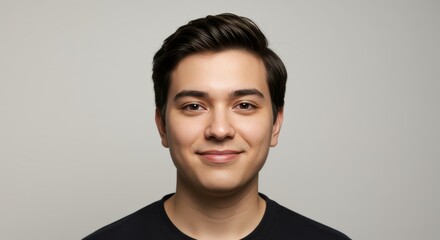 Headshot of a young man with brown hair and a slight smile wearing a shirt, studio lighting