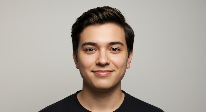 Headshot of a young man with brown hair and a slight smile wearing a shirt, studio lighting