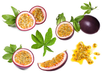 Passion fruits and green leaves isolated on white, set