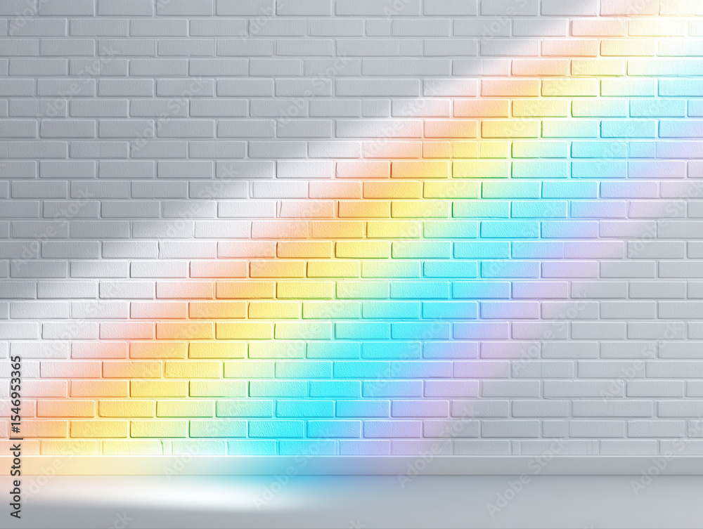 Poster rainbow light reflection on clean white brick wall creating colorful diagonal pattern with soft shad