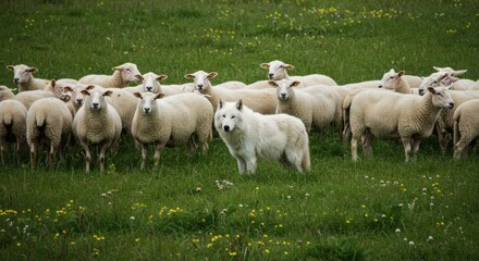 A white wolf hidden in plain sight among sheep, portraying silent danger and calm dominance. High-resolution fur detail, natural pasture ambiance.