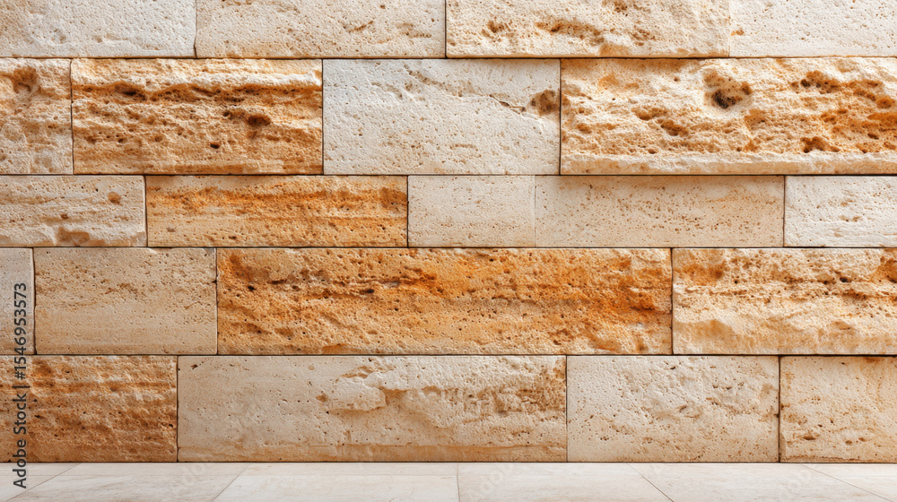 Poster Warm toned limestone wall with textured surface and natural stone pattern creating rustic and inviting background for design or architecture