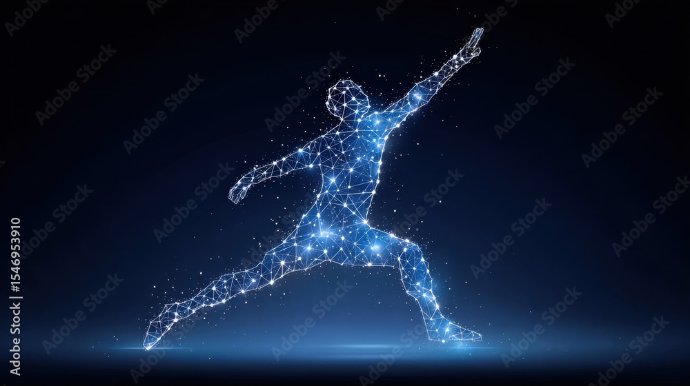 Poster Digital human figure made of glowing constellation points and lines in dynamic pose with dark blue background, expressing energy and motion