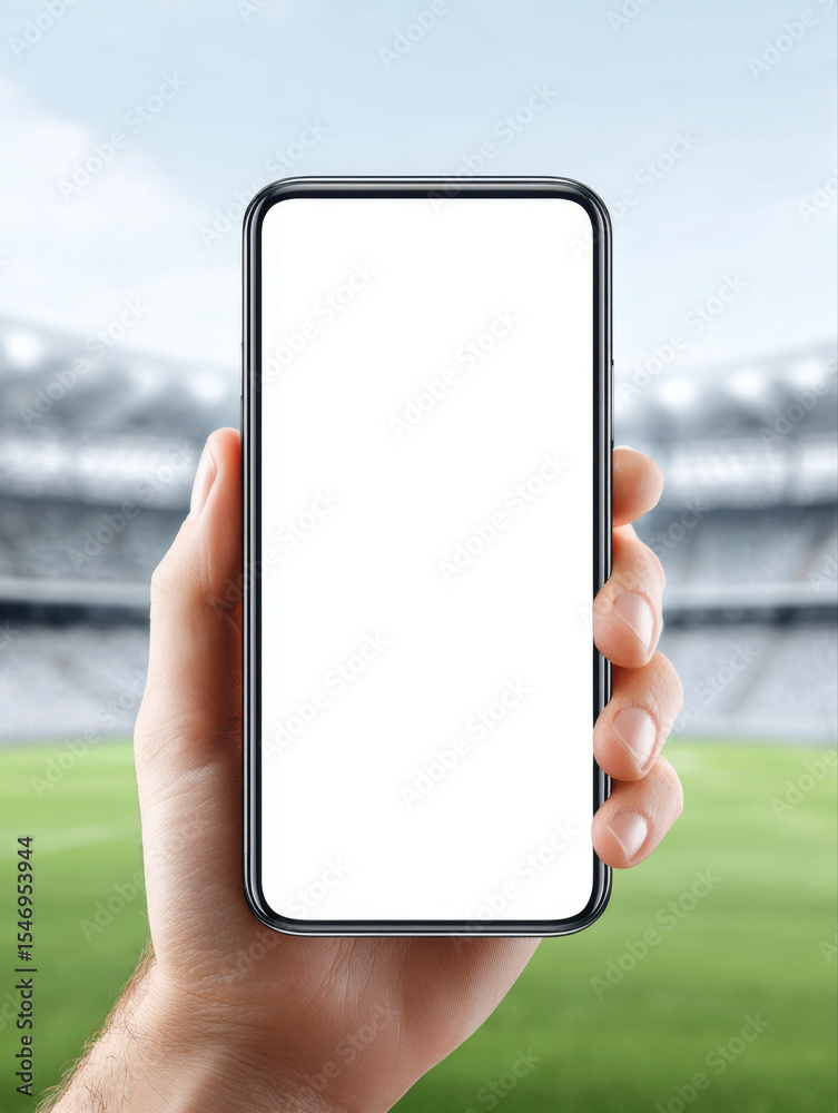 Poster Hand holding blank vertical smartphone screen with blurred stadium background, creating focused and modern digital display