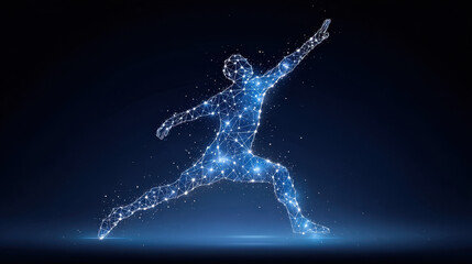 Fototapeta premium Digital human figure made of glowing constellation points and lines in dynamic pose with dark blue background, expressing energy and motion