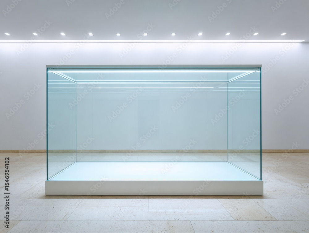 Poster empty glass display case in modern museum or store with bright lighting and clean white surroundings