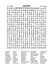 Answer page for 50 States of USA zigzag word search puzzle. Puzzle is on separate file.