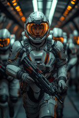 Futuristic space soldiers in advanced armor and helmets marching inside sci-fi spaceship corridor