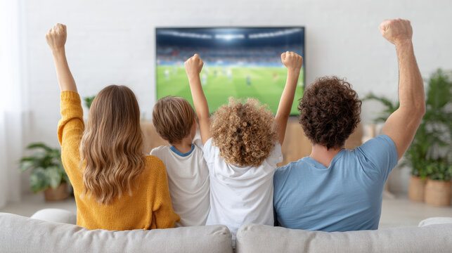 Happy family of four cheering and raising their fists while watching soccer game on TV in cozy living room