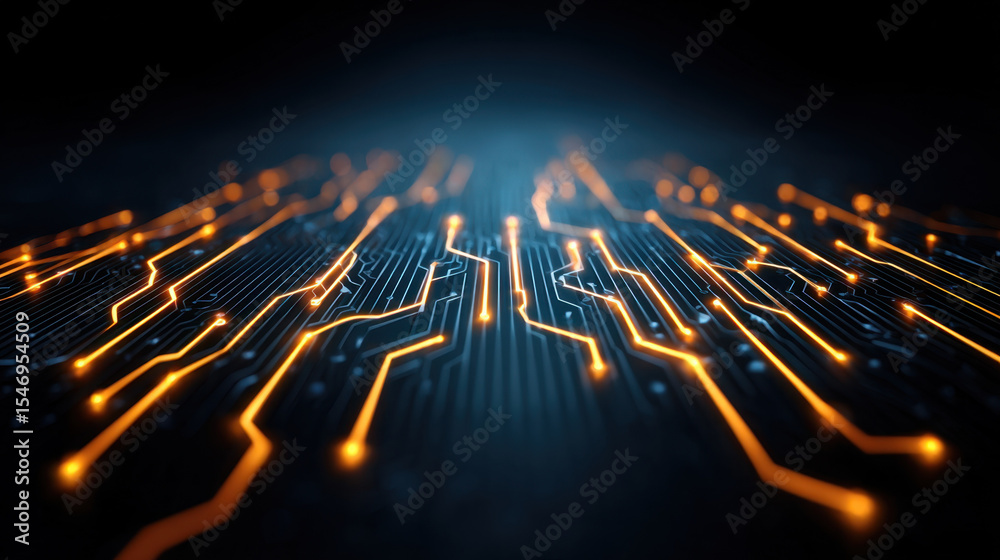 Aufkleber futuristic circuit board with glowing orange lines and dots creating high tech digital network effec