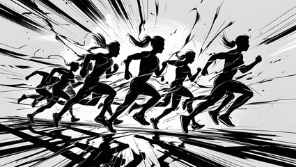 Dynamic silhouettes of runners in intense competition, depicted with energetic, stylized motion lines.