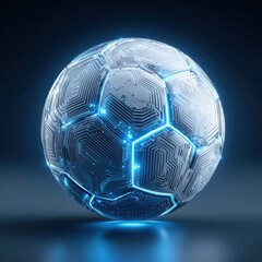Naklejka premium Futuristic glowing soccer ball with circuit patterns levitates, emitting blue light and showcasing advanced technology in dark setting
