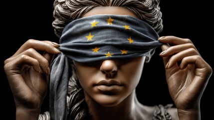 A blindfolded goddess of justice with an EU flag, symbolizing blindness to violations of the law and rights due to geopolitics
