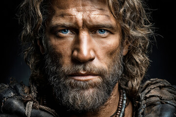 Rugged bearded caveman with intense blue eyes and weathered skin, white man in close-up portrait