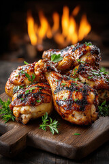 Grilled chicken drumsticks with herbs in rustic setting near fire - perfect for barbecue enthusiasts and food lovers