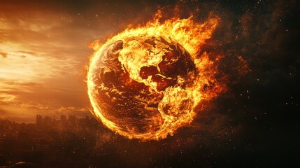 Obraz premium Fiery depiction of earth in flames symbolizing global warning and devastation