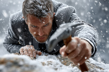 Man climbing snowy mountain with hammer in hand battling elements in business suit amidst snowstorm