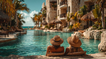 Relaxing vacation by tropical resort pool with palm trees and clear blue sky near ocean beachfront