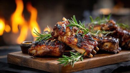 Juicy grilled bbq ribs with fresh rosemary on wooden platter in front of a glowing fire background