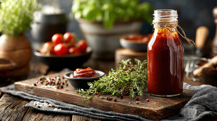 Rustic arrangement of fresh herbs and homemade sauce in vintage kitchen setting with natural light