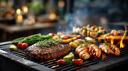 Delicious grilled feast: juicy steak, succulent lobster, fresh vegetables, flavorful barbecue, and aromatic herbs on outdoor grill